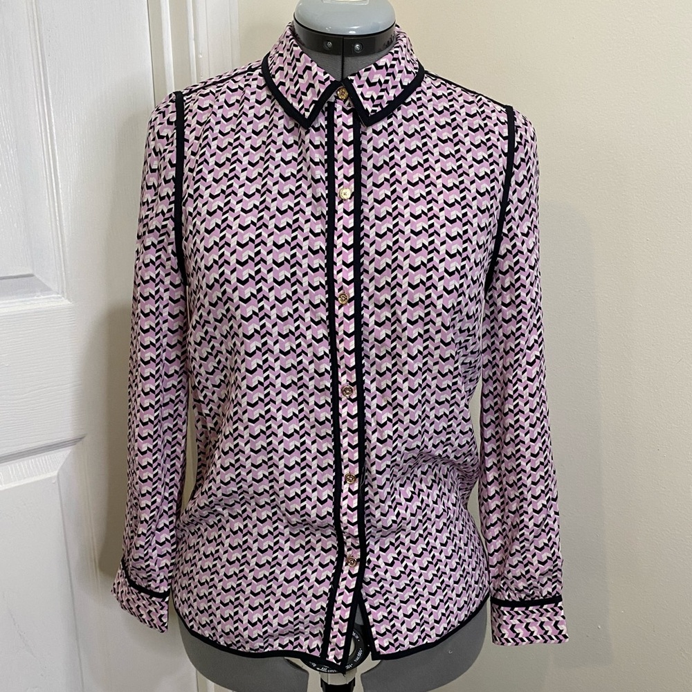 Juicy Couture pink, black & white silk blouse XS
